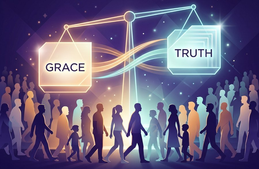 Illustration: a diverse crowd walking beneath scales of grace and truth