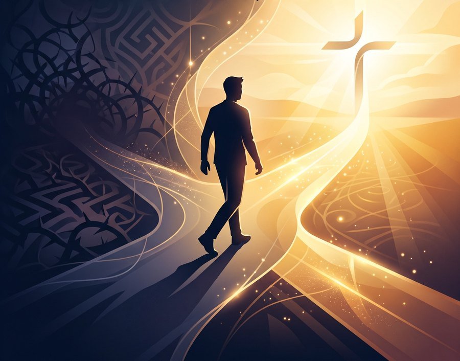 Illustration: a figure walking from a tangled maze toward a glowing cross