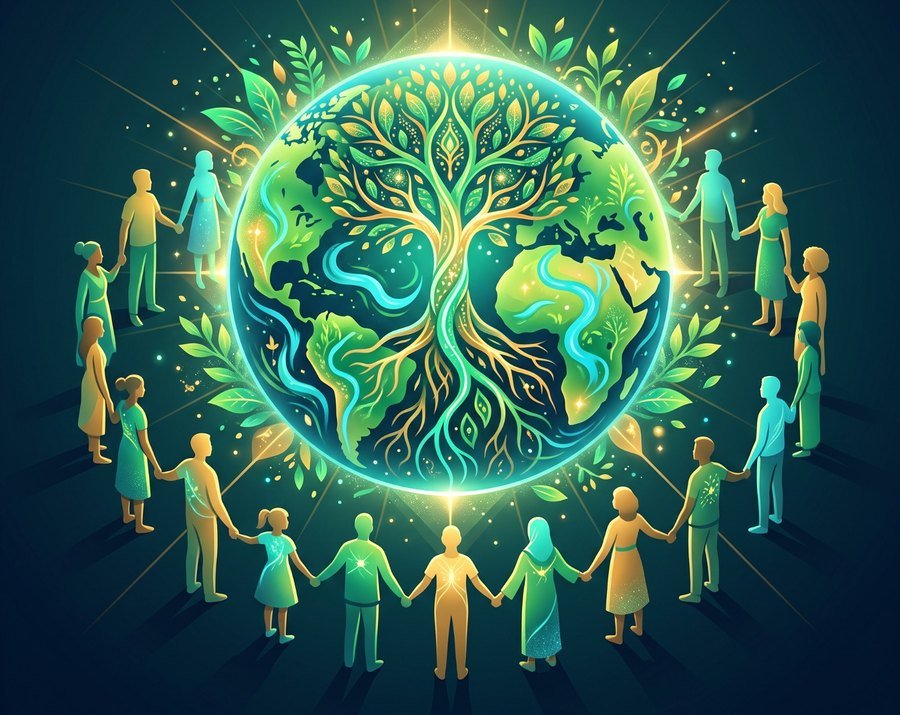 Illustration: people holding hands around a renewed, flourishing earth