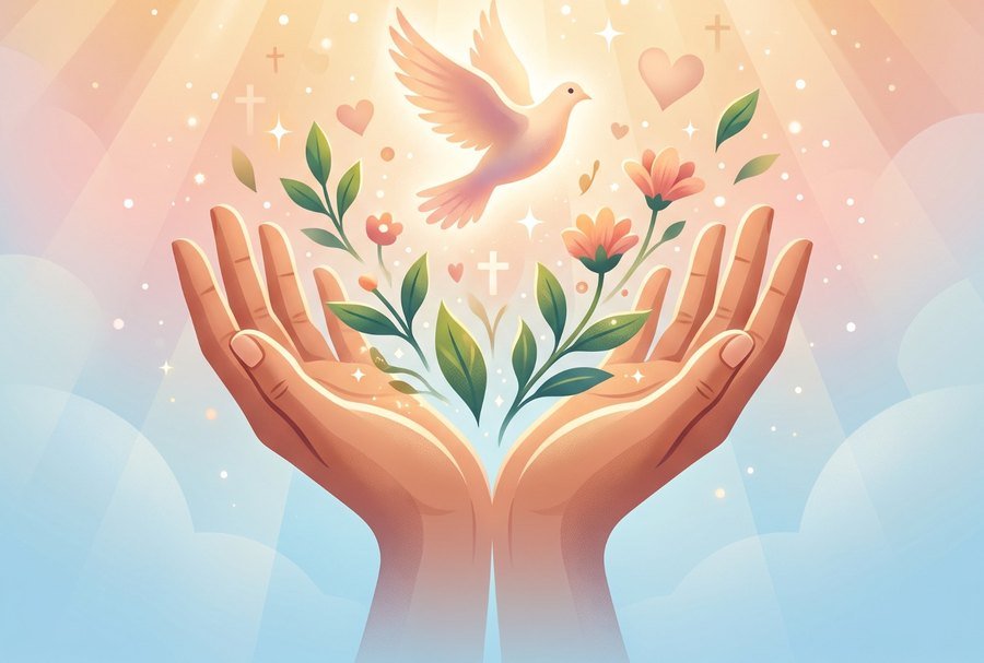 Illustration: open hands receiving a dove and new life